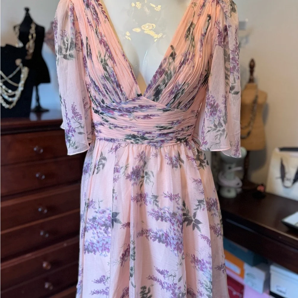 Ieena for Mac Duggal Pink Floral Flutter Sleeve Deep V Neck Mini Dress Size 6 - Picture 11 of 16